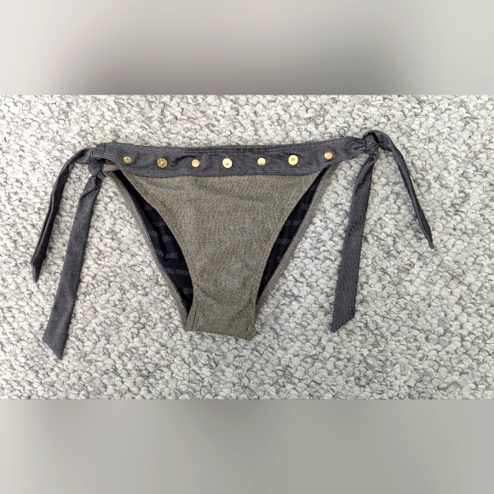 True Religion Women's Gray & Metallic Bikini Bottom w/ Gold Accents
